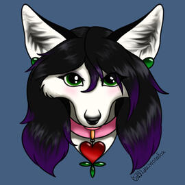 A white and black anthro vixen's head. She has long black and purple hair, green eyes, green earrings, and a pink collar with a red rose heart.